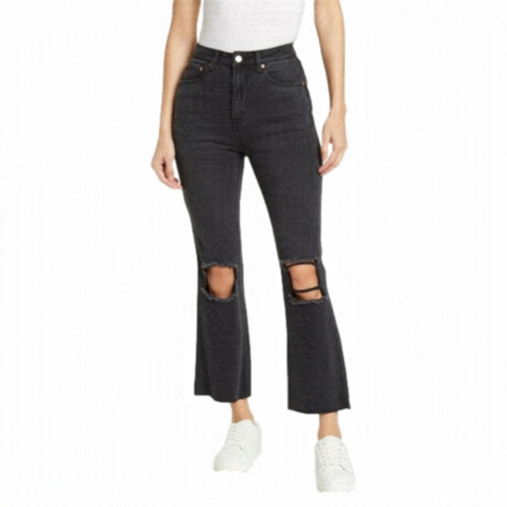 AVEC Les Filles Distressed Cropped Flare High Waist Jeans Black Size 30